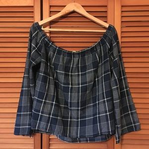 SALE **Blue** Plaid Off-Shoulder Top cloth & stone
