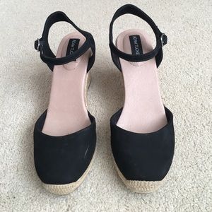 Black leather stacked heel espadrilles