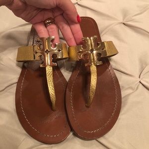 Tory Burch gold logo sandals 9 1/2!!