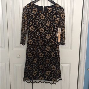 NWT Flattering Black & Gold Lace 3/4 Sleeve Dress