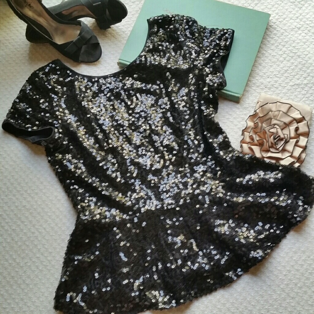CHARMING CHARLIE M Peplum Black Sequin Party Top