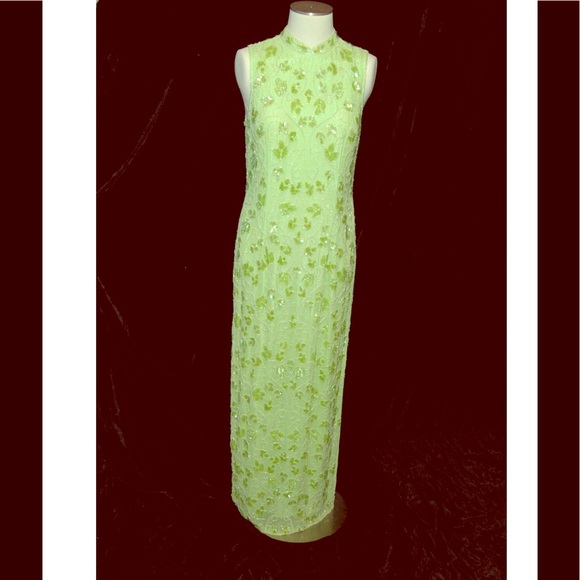 Lime green fully beaded sleeveless gown - Picture 1 of 2