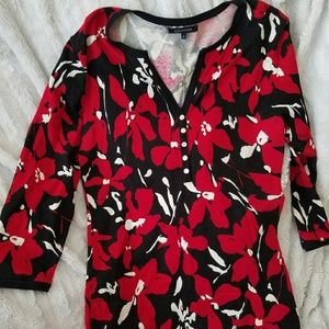 Anne Klein Red Flowers V-Neck Sweater