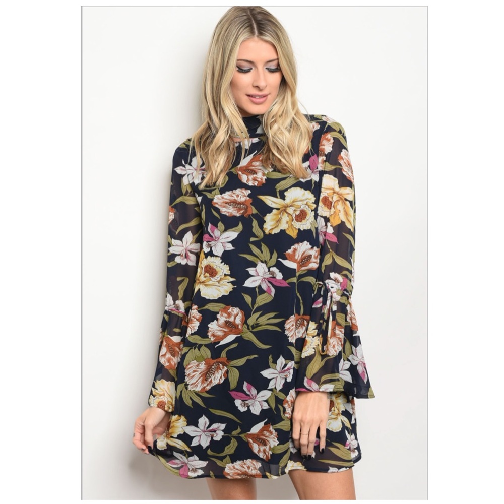 LAST ONE! Navy floral dress with mock neckline