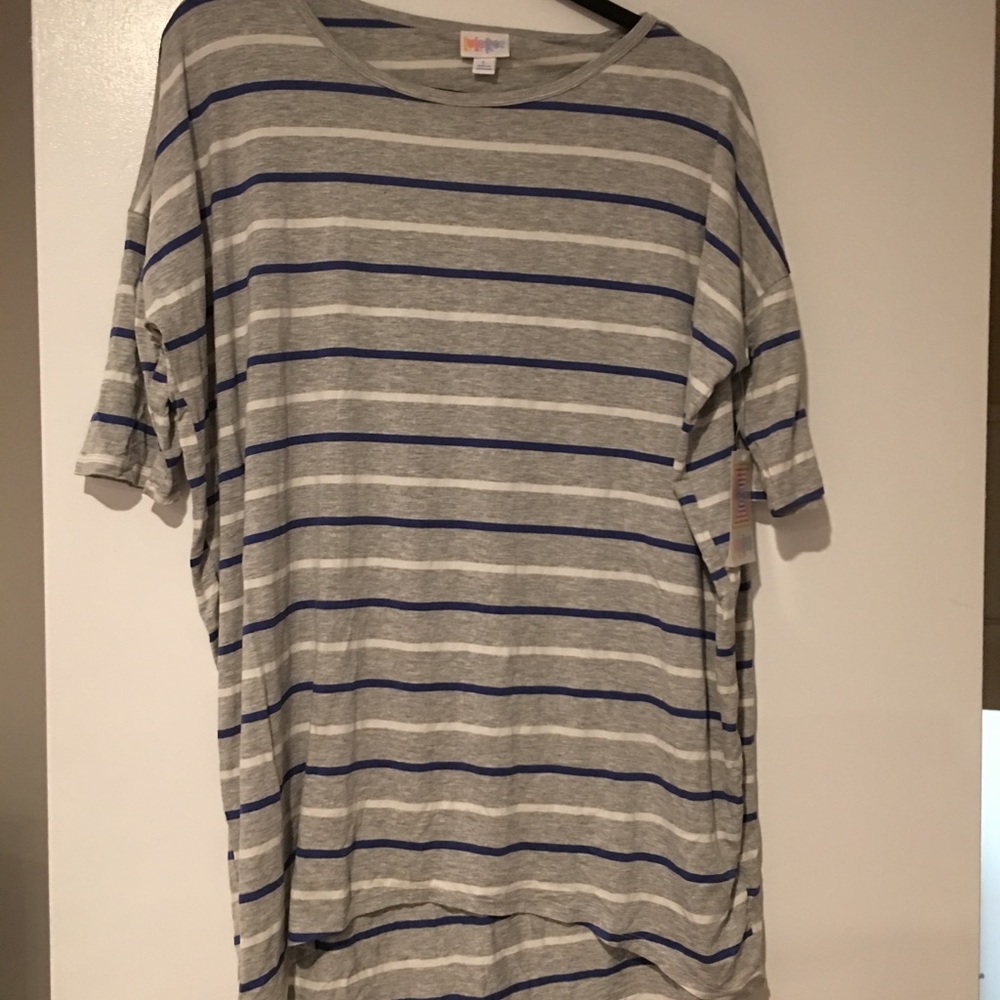 Gray with blue and white stripes Lularoe Irma top