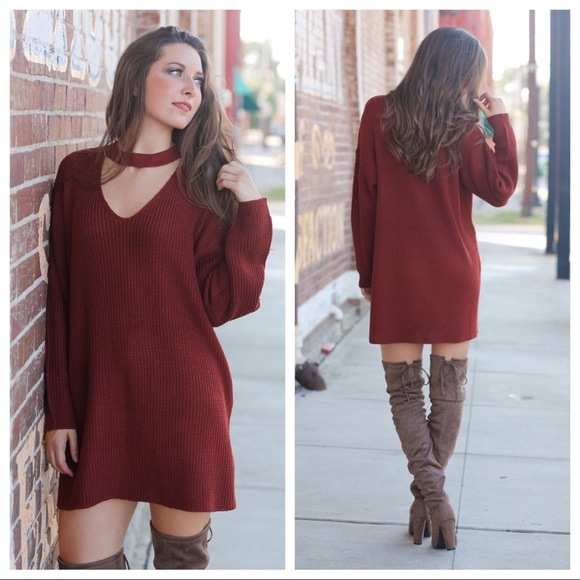 Rust Choker Sweater Dress - Picture 2 of 3