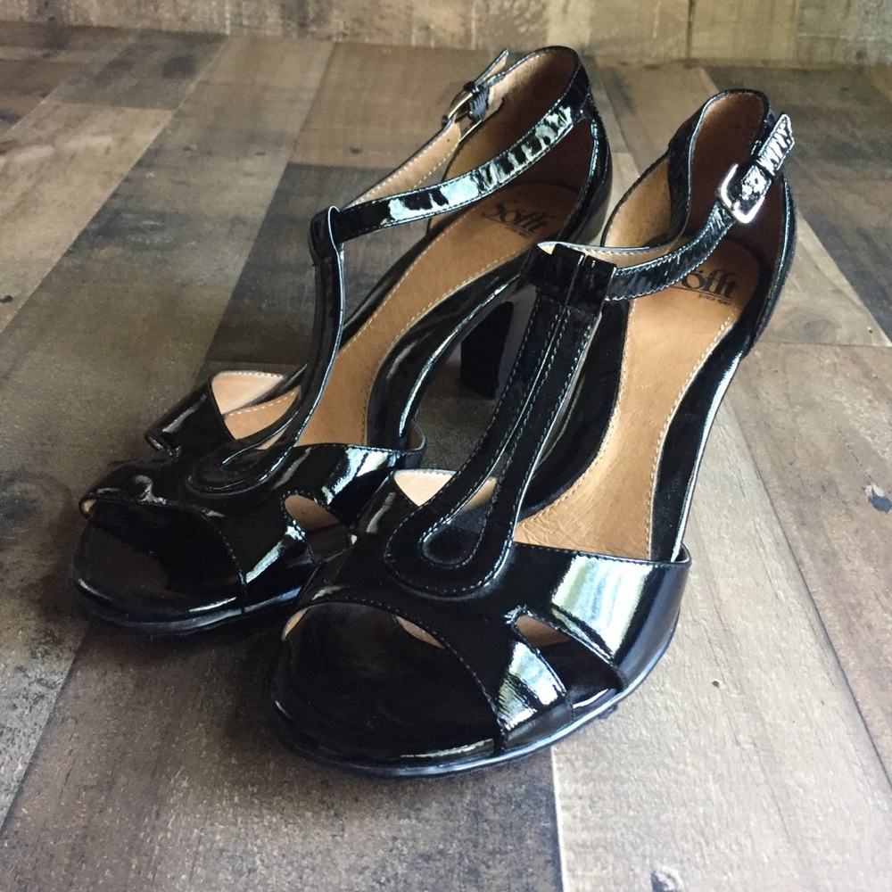 Sofft Black Patent Leather Peep Toe Heels Size 10