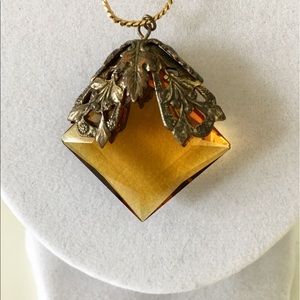 Vintage 18"L necklace, 3 amber color glass stones, chain included.