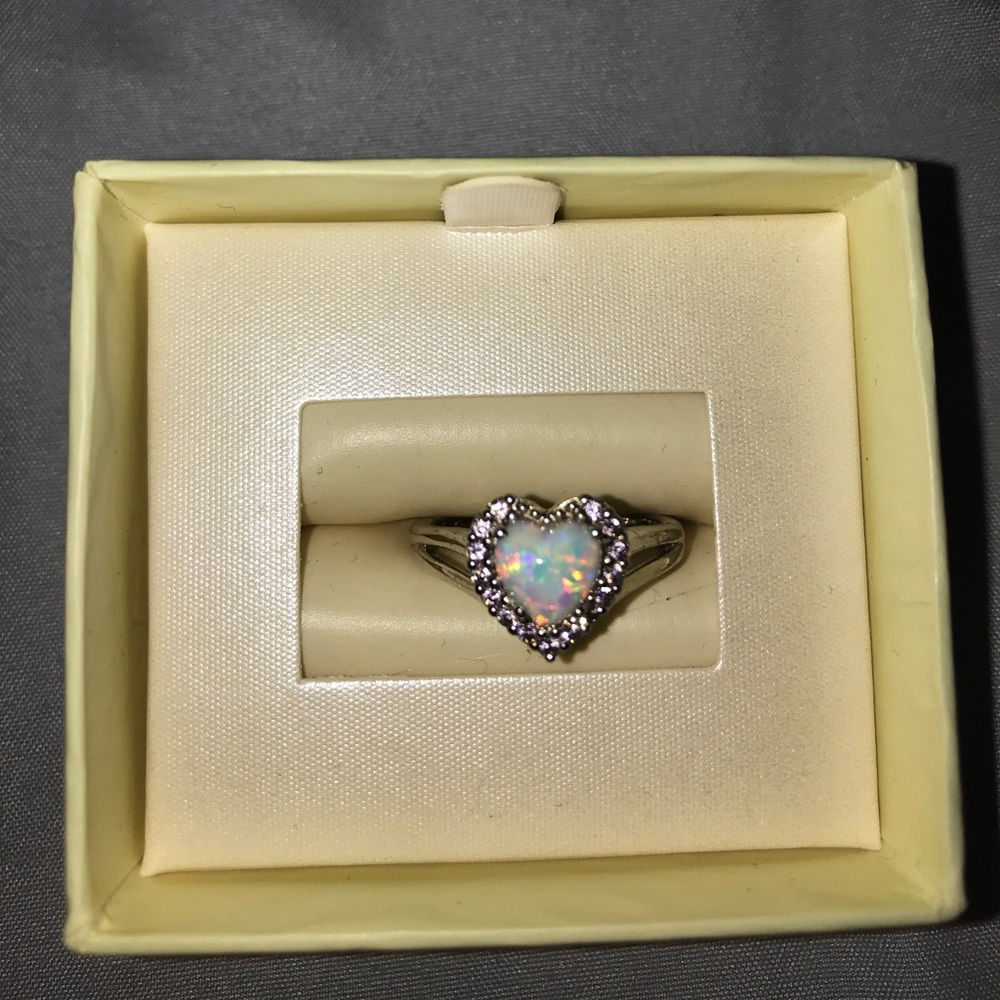 Sterling Silver Opal Ring, heart shaped, size 6.