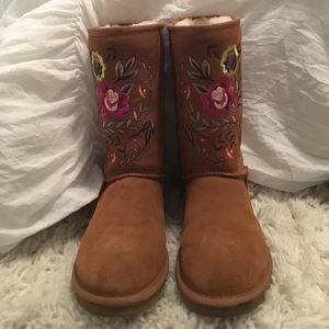 Tall, chestnut embroidered ugg boots