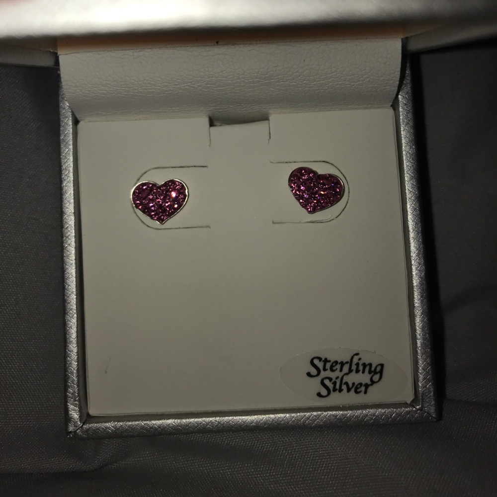 Pink Heart Earrings Studs, sterling silver,