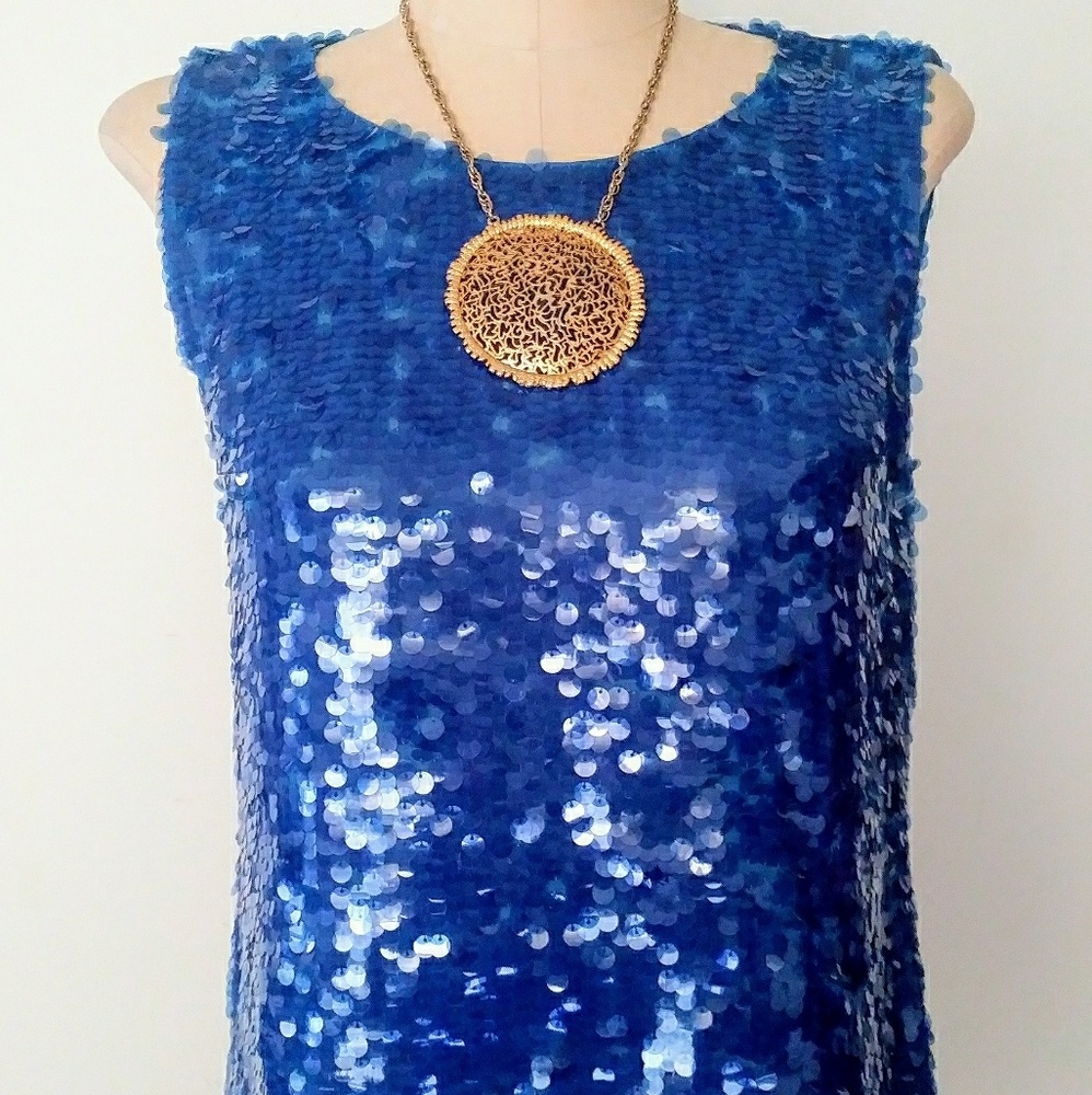 NWT DKNY Palliete Sequined Blue Shimmy Blouse Top