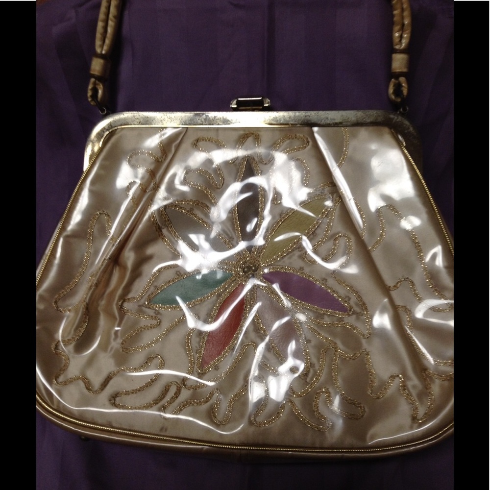 Vintage cream satin bag with leather flowers