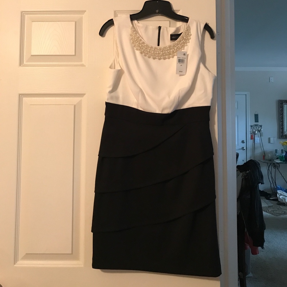 Connected Apparel Ivory/Black Faux Pearl Dress NWT