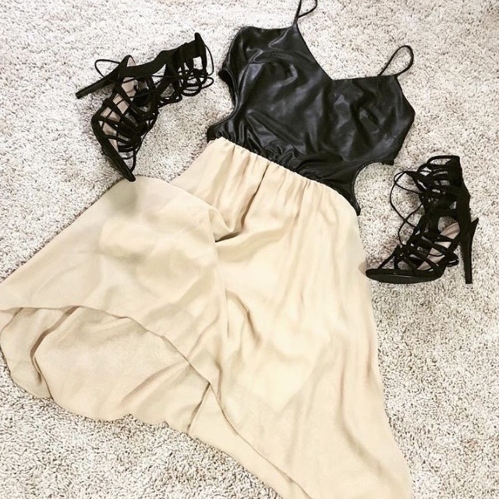 Faux leather and chiffon dress