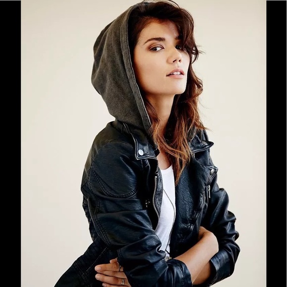 Free People Jackets & Blazers - Free People Vegan Leather Hooded Jacket Sz 6 NWT