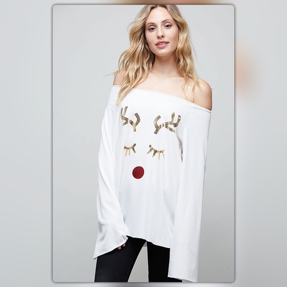 Rudolph the Red Nose Reindeer Eyelashes White Top - Picture 2 of 2