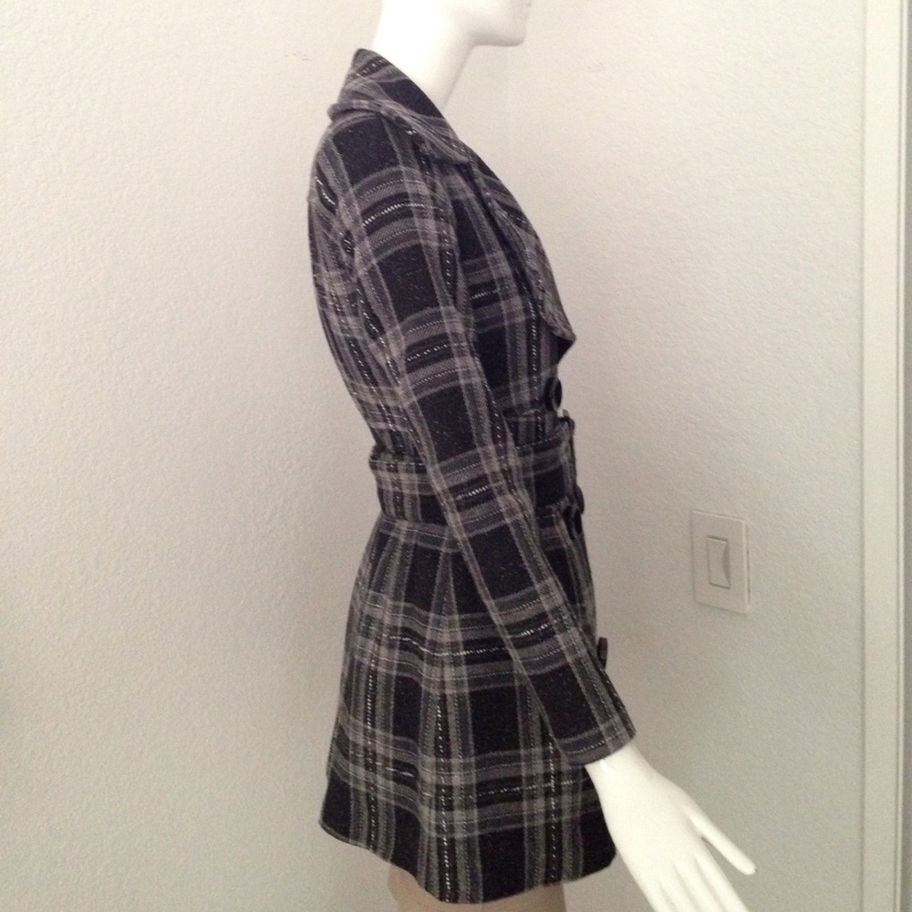 Black white double breasted check trench Coat - Picture 3 of 7