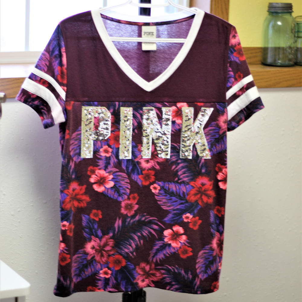 VS PINK Tropical Sequin Varsity Tee