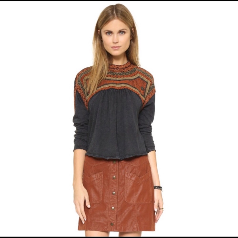 Free People “Snow Bunny” Embroidered Pullover Top