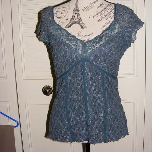 New York & Company Tops - New York & Co. Blue Lace Mesh Piping Blouse Cap