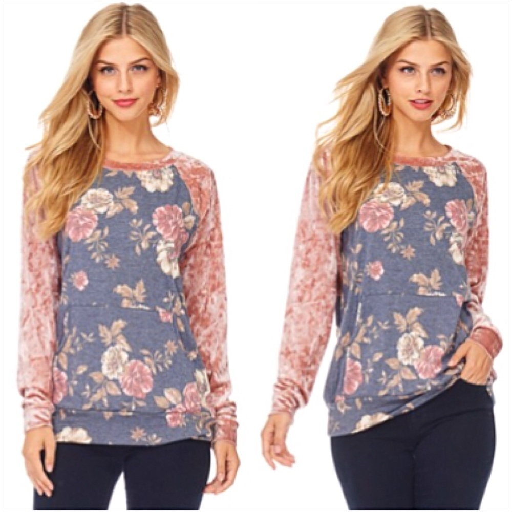 Lush Blush Crushed Velvet Sleeve Floral Top Small - Picture 6 of 8