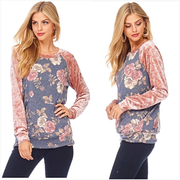 Lush Blush Crushed Velvet Sleeve Floral Top Small - Picture 5 of 8