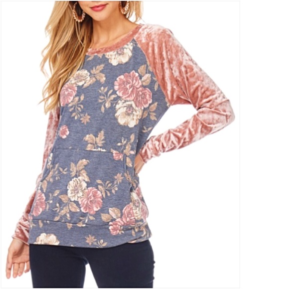 Lush Blush Crushed Velvet Sleeve Floral Top Small - Picture 3 of 8