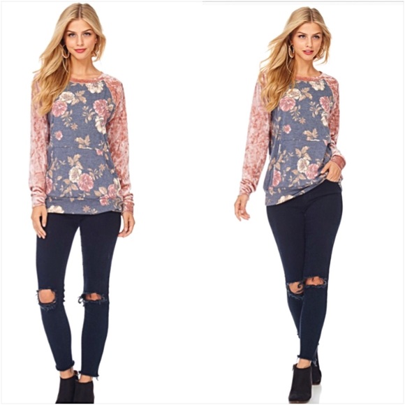 Lush Blush Crushed Velvet Sleeve Floral Top Small - Picture 7 of 8