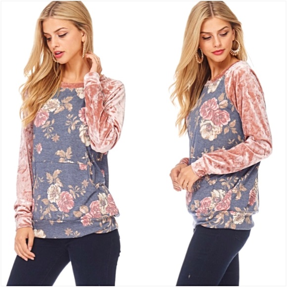 Lush Blush Crushed Velvet Sleeve Floral Top Small - Picture 2 of 8