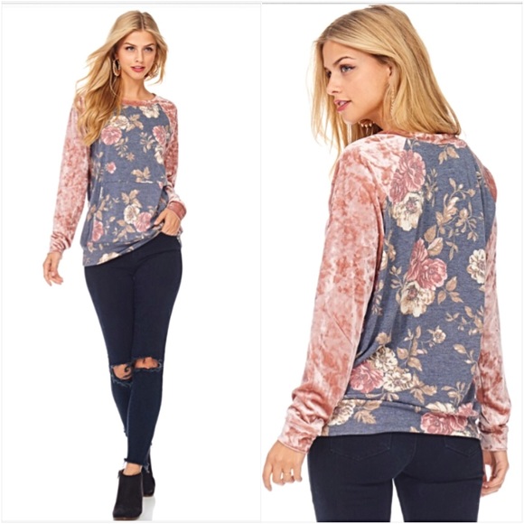 Lush Blush Crushed Velvet Sleeve Floral Top Small - Picture 4 of 8