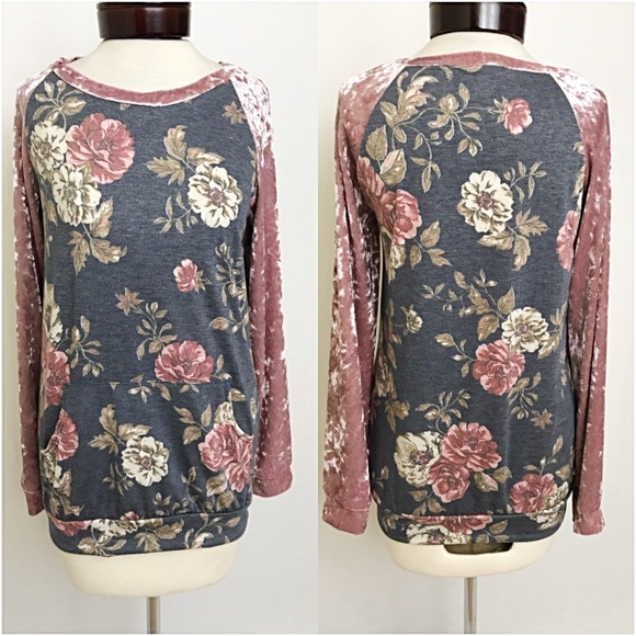 Lush Blush Crushed Velvet Sleeve Floral Top Small - Picture 8 of 8