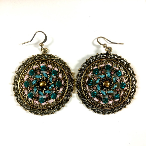 Boho Coin: Dangle Earrings Pink and Blue - Picture 3 of 4
