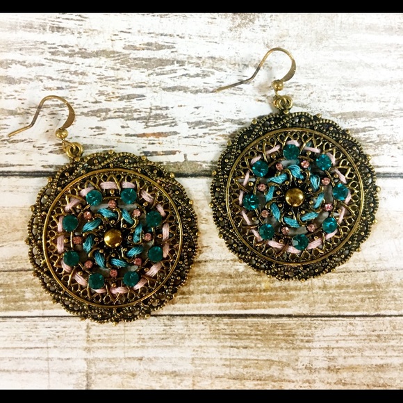 Boho Coin: Dangle Earrings Pink and Blue - Picture 2 of 4