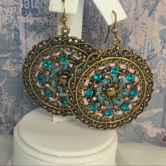 Boho Coin: Dangle Earrings Pink and Blue - Picture 4 of 4