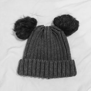 Grey Hat with Pom Poms