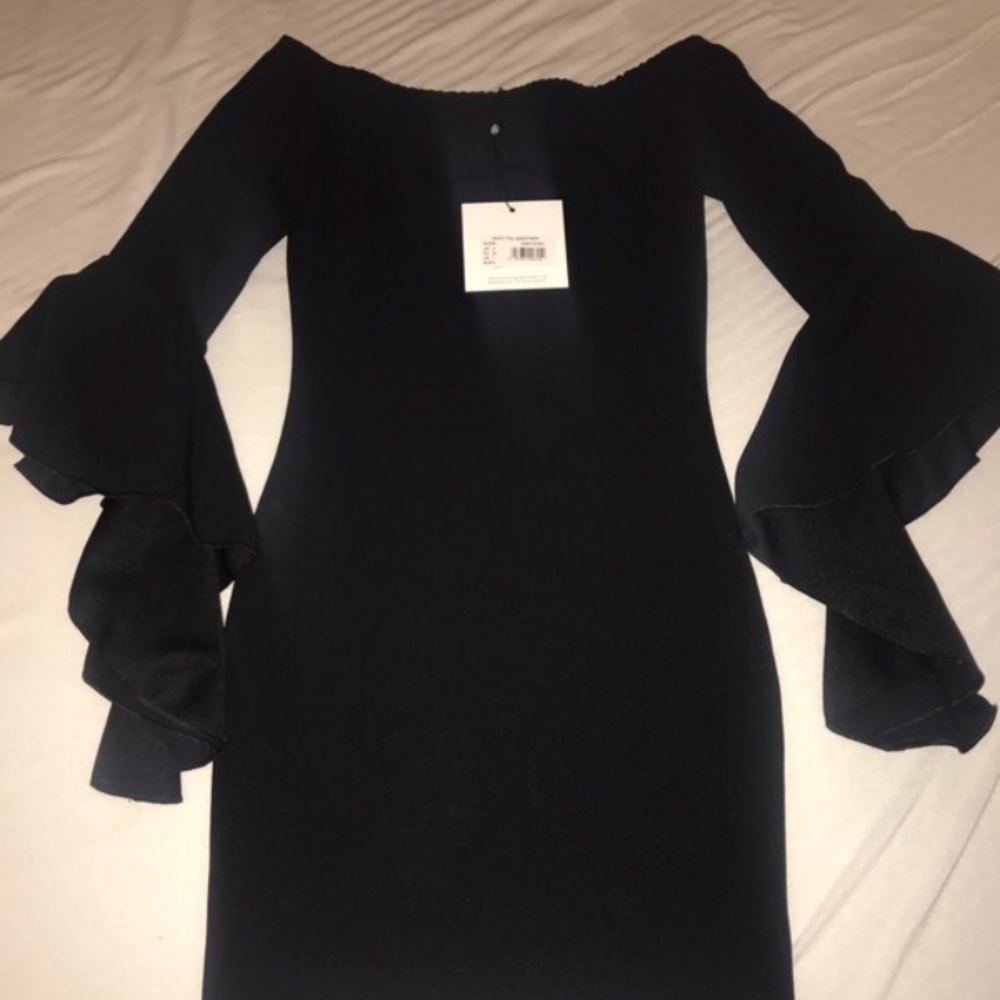 Black Bardot frill sleeve dress