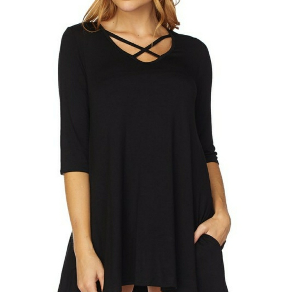 Solid Tunic Top With Criss Cross Neckline