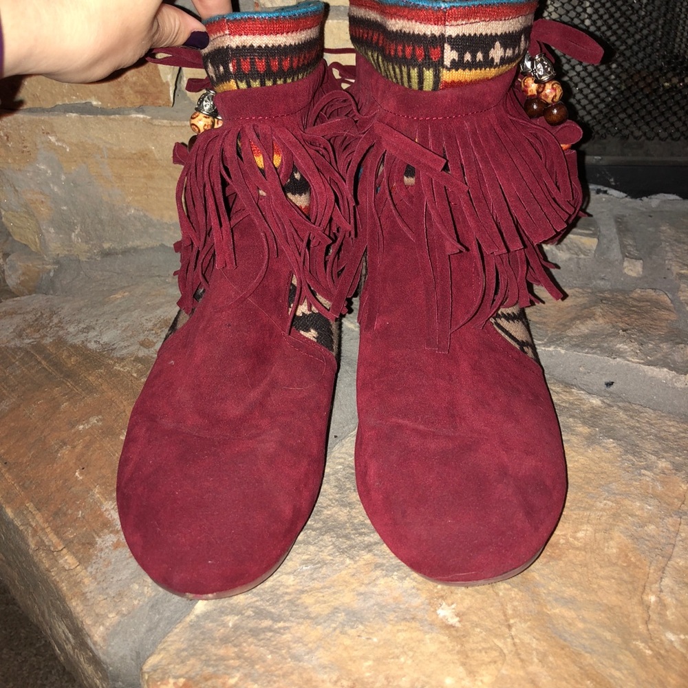 Maroon Fringe Booties