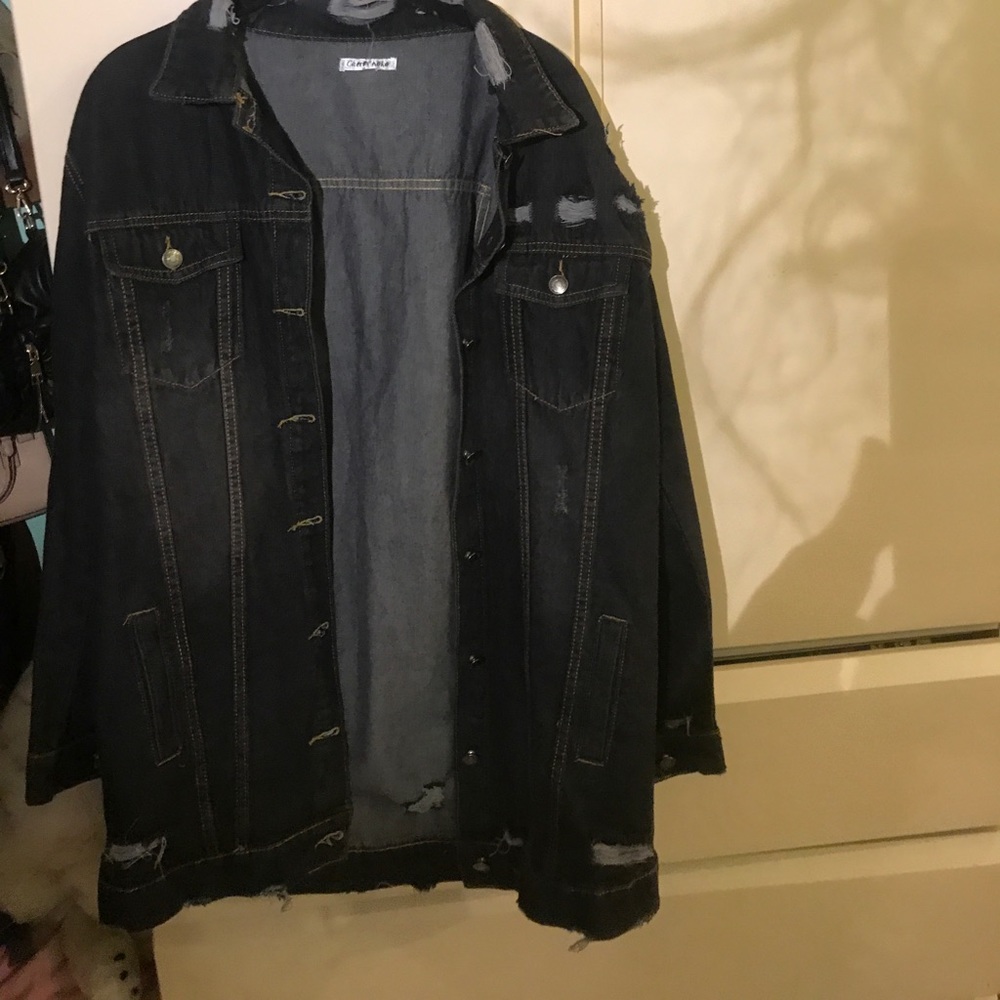Black ripped long denim jacket