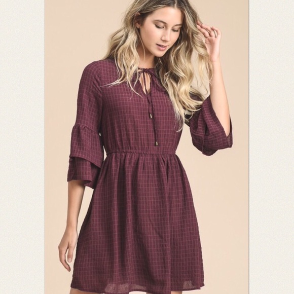 SALE Bell Sleeve Dress Burgundy Check Fall Dress - Picture 2 of 5