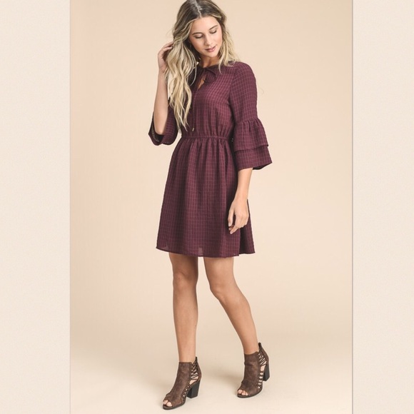 SALE Bell Sleeve Dress Burgundy Check Fall Dress - Picture 3 of 5