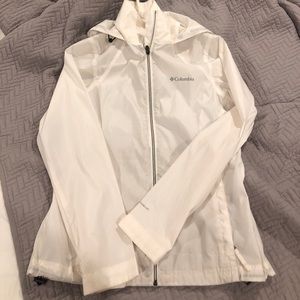 Hooded white Columbia rain jacket