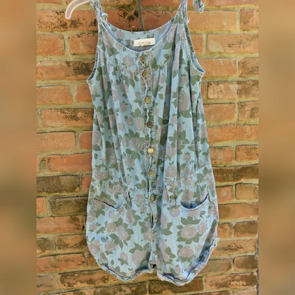 Cute Light Denim Floral Button Up Romper One Piece