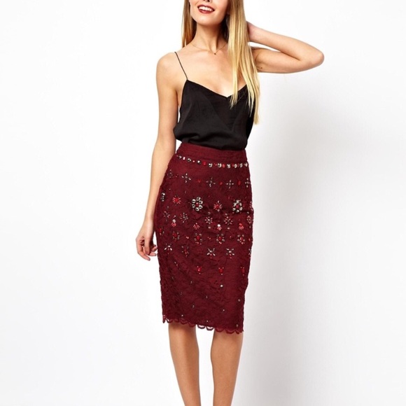 ASOS Dresses & Skirts - ASOS maroon lace bejeweled skirt