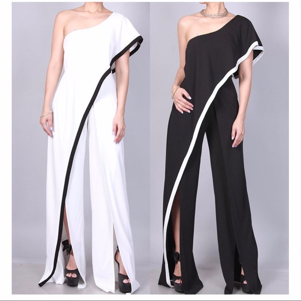 One Shoulder Contrast Ruffle Slit Wide Leg Jumpsuit Dress Pantsuit Outfit
