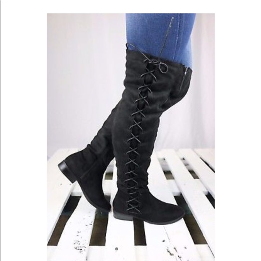 Suede Side Lace Up Flat Thigh High OTK Boot