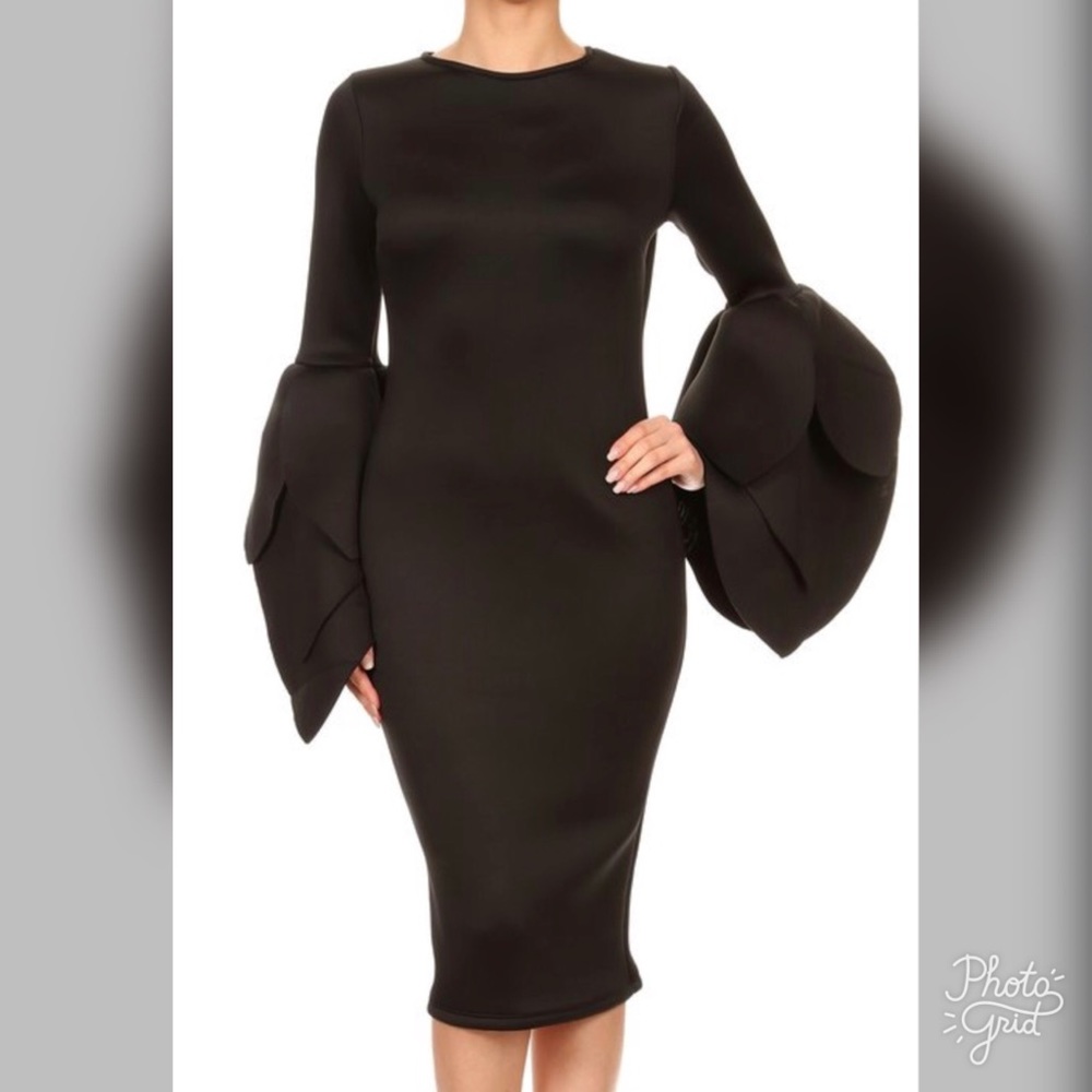 Black Layered Batwig Sleeve Bodycon Midi Dress