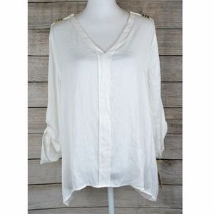Studded Blouse Top Roll-Tab-Sleeve High Low V-Neck