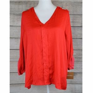 Studded Blouse Top Roll-Tab-Sleeve High Low V-Neck